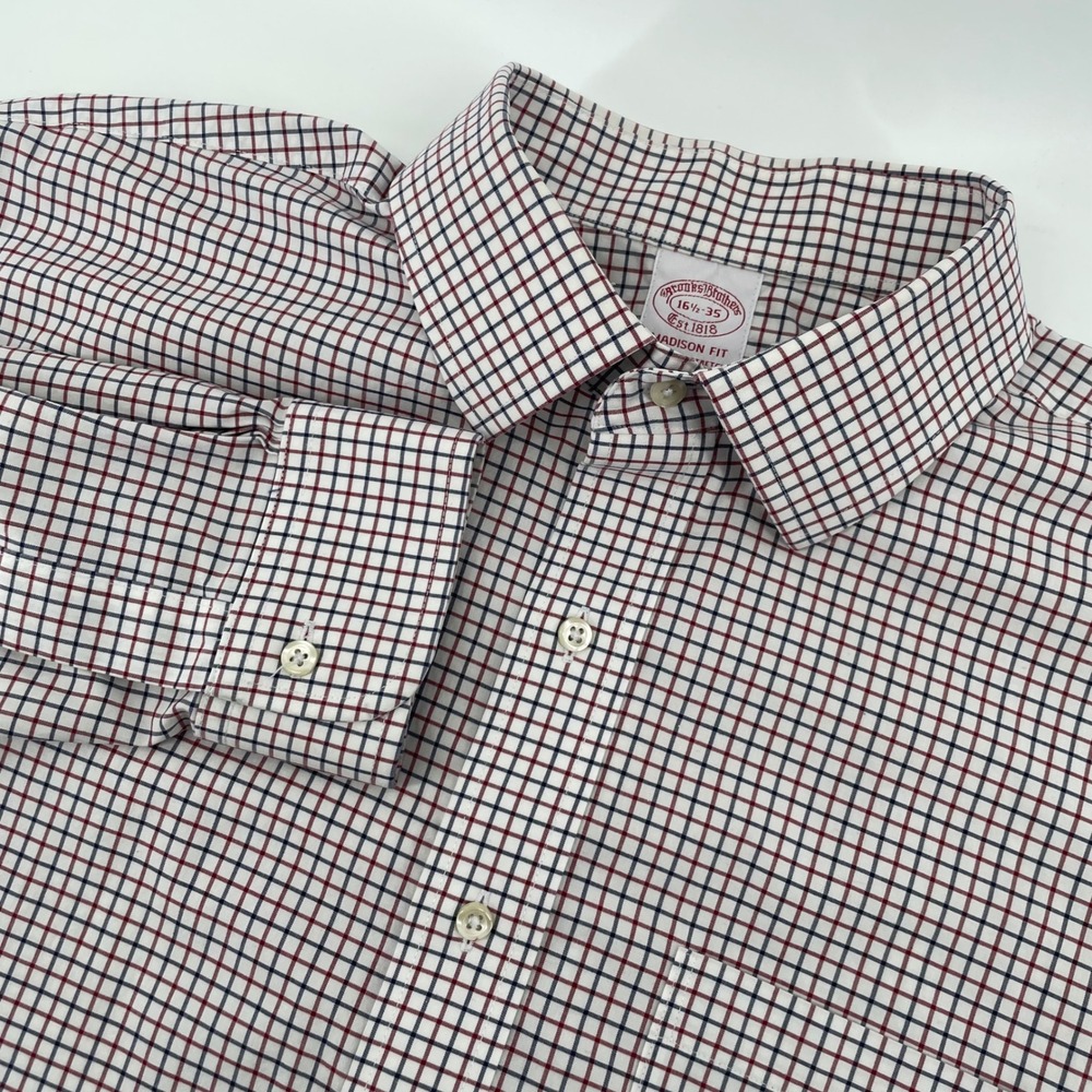 Brooks Brothers Dress Shirt Mens 16.5 35 White Navy Red Madison Fit Tattersall